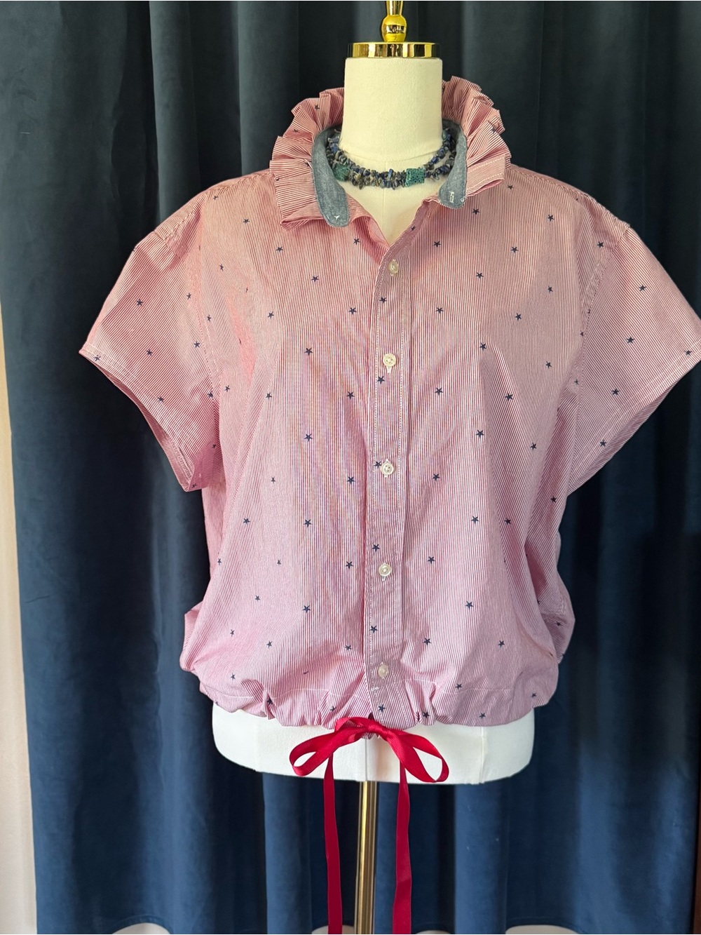 USA Striped Shirt with Stars Ruffle Collar Upcycle Refashion